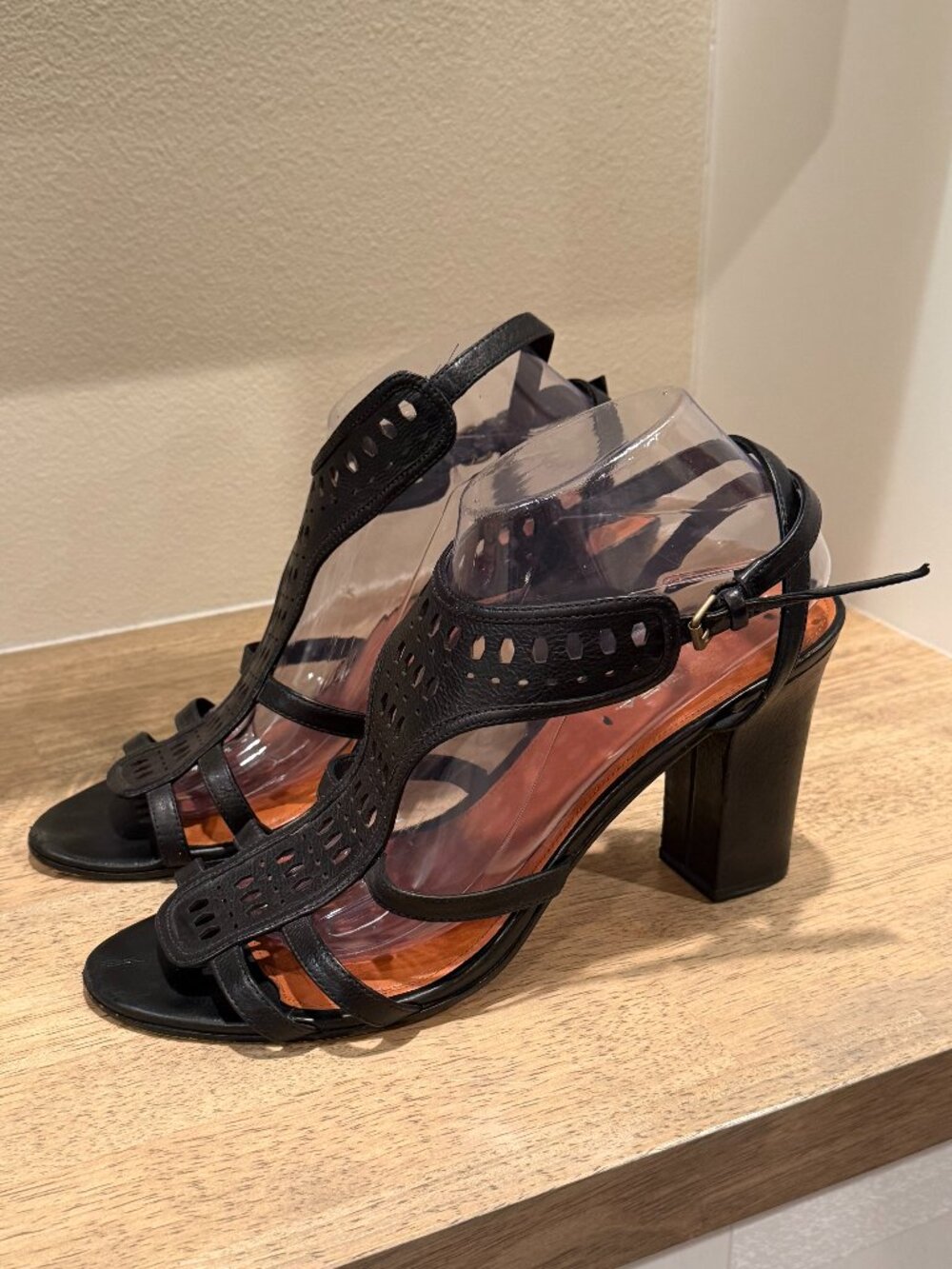 Via Spiga Black Leather Cutout Block Heel Sandals Strappy Size 11 M